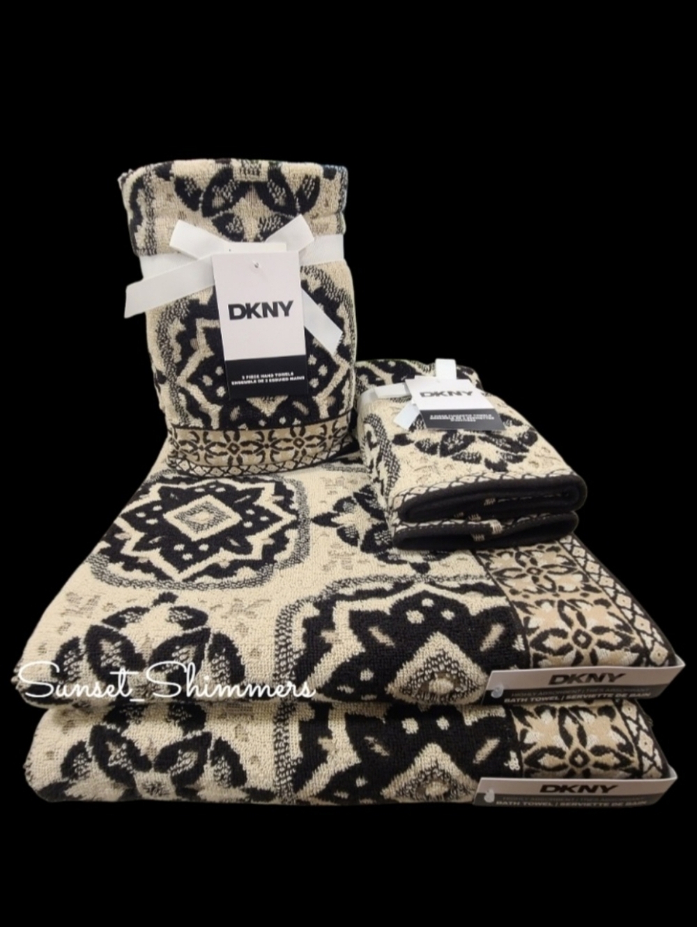6pc DKNY Tan & Black Mediterranean Tile Bath Hand Tip Towel Set New